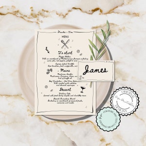 Menú y tarjeta de lugar para bodas, imprimible, garabatos dibujados a mano, papelería para bodas, tarjetas de lugar, menú de cena de ensayo, menú de cena escrito a mano 0987