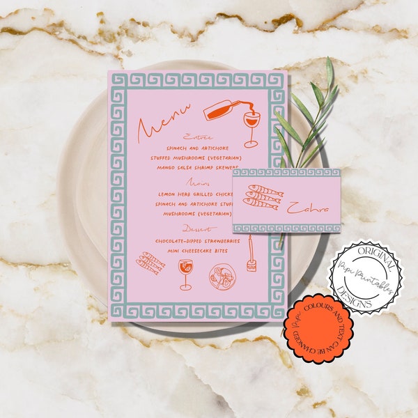 Illustrated Bridal Shower Menu And Place Cards Greek Bachelorette Menu Scribble Illustration Wedding Menu Template Unique Hand Drawn Menu