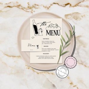 Menu + plaatskaartsjabloon Leuke mensen Krabbelillustraties Handgetekend trouwmenu Handgeschreven tafelnaamkaartjes Trendy couverts 9n