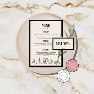 Menu + Szablon karty miejsca Stare pieniądze Styl retro vintage Ilustrowane menu weselne Zabawne ręcznie rysowane ilustracje bazgrołów Karty nazw stołów Lata 90.