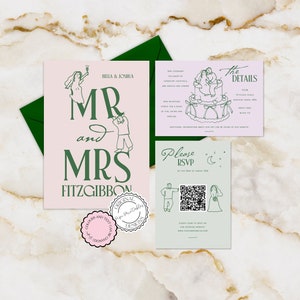 Hand Drawn Wedding Invitation Suite Template Cute People Scribble Illustrations Pastel Handwritten Wedding Invite With RSVP Illustrated 9n