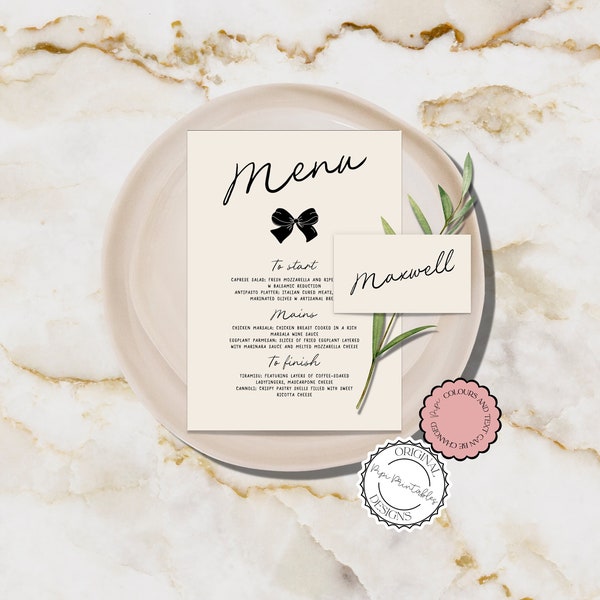 Menu + Place Card Template Hand Drawn Bow Scribble Illustration Handwritten Wedding Menu Table Name Cards Retro Illustrated Place Setting 10