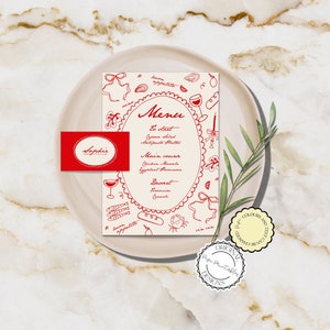Menu + Place Card Template Italian Style Scribble Illustrations Hand Drawn Wedding Menu Handwritten Table Name Cards Vintage Place Setting