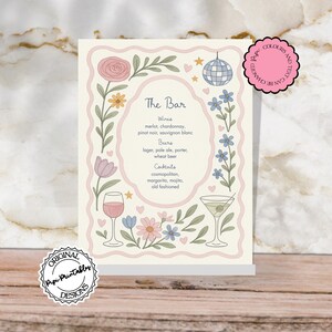 Plantilla de menú de bebidas florales, letrero de bar colorido dibujado a mano, menú de bebidas exclusivo editable, lista de cócteles de boda manuscrita en acuarela 1f