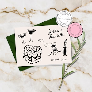 Plantilla de tarjeta de agradecimiento de boda, lindas ilustraciones dibujadas a mano, nota de boda escrita a mano, tarjetas de agradecimiento para invitados ilustradas únicas J6