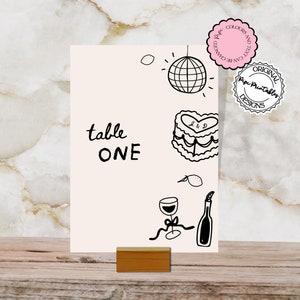 Plantilla de número de mesa de boda, ilustraciones de garabatos de discoteca de vino dibujadas a mano, decoración divertida para la mesa de recepción, papelería de boda ilustrada retro j6