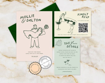 Hand Drawn Wedding Invitation Suite Template Cute People Scribble Illustrations Pastel Handwritten Wedding Invite With RSVP Illustrated 9n