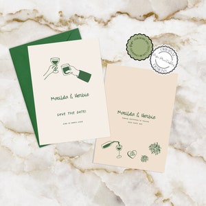 Handgetekende Save The Date-uitnodigingssjabloon Cheers Illustratie Handgeschreven Bruiloft Save The Dates-kaart Kleurrijk Krabbel Geïllustreerd i9