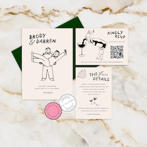 Gay Wedding Invitation Set Template Mr + Mr Cute People Hand Drawn Scribble Illustration Fun Illustrated Handwritten Wedding Invite RSVP 9n
