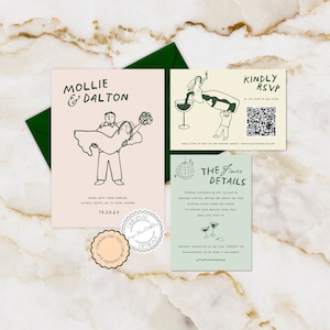 Hand Drawn Wedding Invitation Suite Template Cute People Scribble Illustrations Pastel Handwritten Wedding Invite With RSVP Illustrated 9n