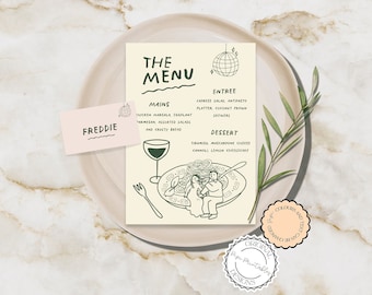 Puede incluir: Una plantilla de menú imprimible con fondo amarillo claro y texto verde. El menú se titula "The Menu" y presenta un gráfico de bola de discoteca. El menú incluye secciones para platos principales, entrada y postre. El texto incluye los siguientes elementos: Chicken Mareala, Fesplant Mamesar, Ensaladas surtidas y Pan crujiente. Ensalada Caprese, Plato de antipasto, Camarón de coco y Safwere. Tiramisk Mascarpone Cheese y Cannoli Lemon Cheesecake. El menú también presenta una ilustración de dibujos animados de una pareja bailando.