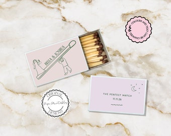 Modello per bomboniera per scatola di fiammiferi, persone carine disegnate a mano, illustrazione scarabocchiata di fiammiferi di nozze, regalo personalizzato per gli ospiti, regalo di nozze, scatola di fiammiferi pastello, 9 n