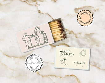 Modello bomboniera scatola di fiammiferi Persone carine disegnate a mano Illustrazione scarabocchio Abbinamenti nuziali Regalo personalizzato per gli ospiti Regalo di nozze Scatola di fiammiferi pastello 9n