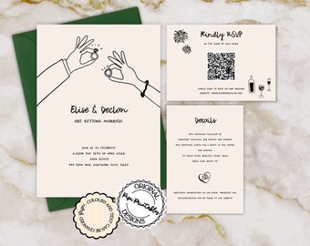 Op de afbeelding: Een huwelijksuitnodigingsset met een groene envelop, een witte kaart met een handgetekende illustratie van een stel dat ringen uitwisselt, en een witte RSVP-kaart met een QR-code en details over de bruiloft. De tekst op de uitnodiging luidt "Elise & Declan trouwen!" en "Doe met ons mee om te vieren 15:30 uur op 12 april 2026, Foew Estate, YYY FOEN Way, Sanctuary Cove, 2220". De RSVP-kaart heeft de tekst "Graag uw antwoord voor eind juli 2026" en "Details".