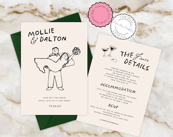 Illustrated Wedding Invitation Template Hand Drawn Cute People Scribble Illustrations Wedding Itinerary Retro Vintage Handwritten Wedding 9n