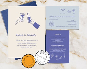 Illustrierte Hochzeitseinladungs-Reihenvorlage Etwas Blaues Buntes Gekritzel-Illustrationen Hochzeitseinladungen Handgezeichnete Hochzeit Printable