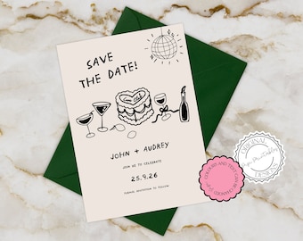 Plantilla de invitación ilustrada para guardar la fecha, ilustración de garabatos, tarjetas imprimibles para guardar la fecha, invitaciones de boda únicas para guardar nuestras fechas L