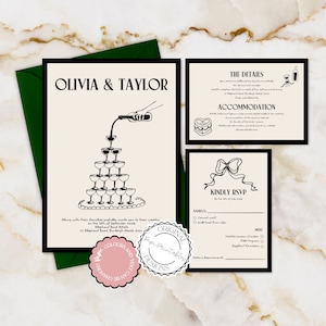 Modelo de convite de casamento ilustrado com dinheiro antigo, ilustrações de rabiscos, convite de casamento com cartão RSVP, convites de casamento desenhados à mão, anos 90