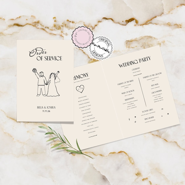 Wedding Ceremony Program Template Handwritten Cute People Illustration Order Of Service Scribble Illustrated Timeline Program Folded Card 9n