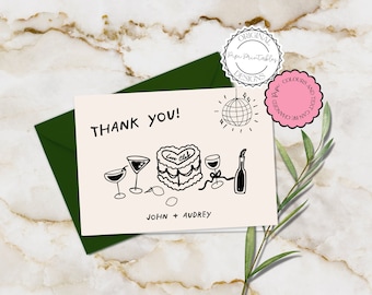 手書きの結婚式のサンキューカードテンプレート 手描きのかわいい