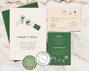 Plantilla de suite de bodas ilustrada Ilustraciones de garabatos dibujadas a mano Invitación de boda colorida con RSVP Invitaciones de boda únicas imprimibles