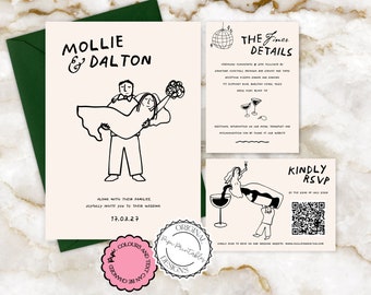 Hand Drawn Wedding Invitation Suite Template Cute People Scribble Illustrations Unique Handwritten Wedding Invite With RSVP Illustrated 9n