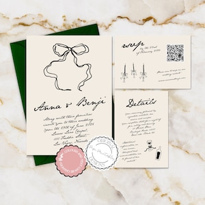 Hochzeitseinladung Vorlage Retro Vintage Stil Handgezeichnete Schleife Gekritzel Illustrationen Handgeschriebene Hochzeitseinladungen Skurriles Illustriertes Set