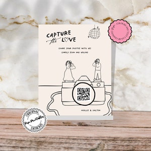 Erfassen Sie die Liebe QR-Code Hochzeitsschild Vorlage Handgezeichnete Scribble Illustrationen Niedlich Menschen Foto-Sharing Illustriert Einwegkamera 9n