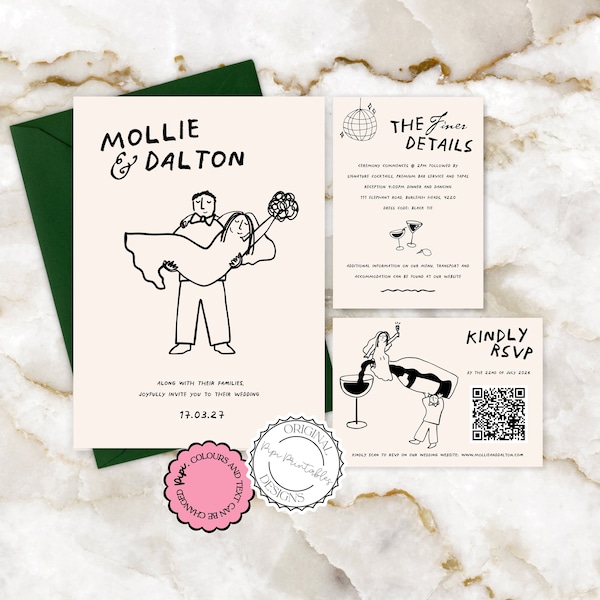 Hand Drawn Wedding Invitation Suite Template Cute People Scribble Illustrations Unique Handwritten Wedding Invite With RSVP Illustrated 9n