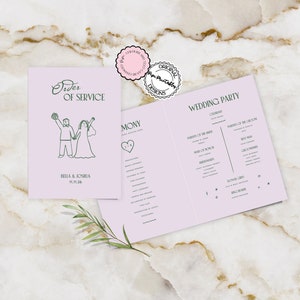 May include: A printable wedding ceremony and reception order of service template with a pink background. The ceremony section features a simple line drawing of a couple getting married. The reception section lists the wedding party members and their roles.