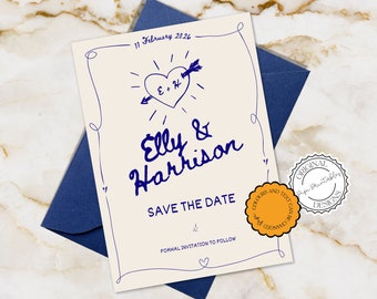 Save The Date Invitation Template Hand Drawn Heart Scribble Illustration Handwritten Wedding Save Our Date Card Illustrated Retro Invite 067