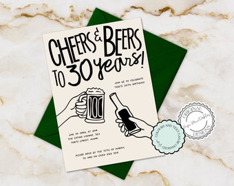 Illustrated Cheers And Beers To Thirty Years 30th Birthday Invitation Cheers To 30 Years Hand Drawn Scribble Illustrations Male 30th Invites