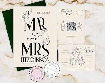 Hand Drawn Wedding Invitation Suite Template Cute People Scribble Illustration Whimsical Handwritten Wedding Invite With RSVP Illustrated 9n