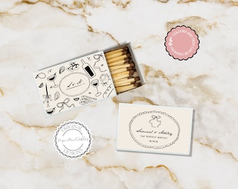 Matchbox Favor Plantilla Dibujado a mano Ilustraciones de garabatos Partidos de boda Regalo de boda escrito a mano Regalo ilustrado para invitados Favores personalizados