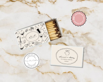 Matchbox Favor Template Hand Drawn Scribble Illustrations Wedding Matches Handwritten Wedding Gift Illustrated Gift For Guest Custom Favours