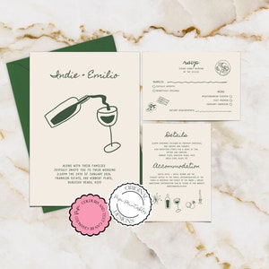 Plantilla de invitación de boda ilustrada Ilustración de garabatos dibujados a mano Invitaciones de boda Invitación de boda única Imprimible Boda con vino