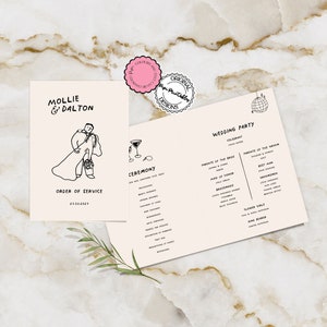 結婚式のプログラム テンプレート 手書きのかわいい人物のイラスト 儀式の順序 落書き イラスト付きタイムライン プログラム 折りたたみカード 9n