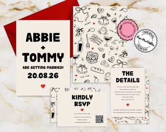 Illustrated Wedding Suite Template Hand Drawn Scribble Illustrations Colorful Wedding Invitation With RSVP Printable Heart Wedding Invites