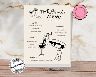 Hand Drawn Bar + Drinks Menu Template Scribble Illustrations Cute People Wedding Bar Menu Illustrated Handwritten Cocktail Menu Signage 9n