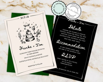 Printable Scribble Illustrated Wedding Invitation Handwritten Wedding Invites Retro Hand Drawn Wedding Itinerary Unique Illustrations 0987