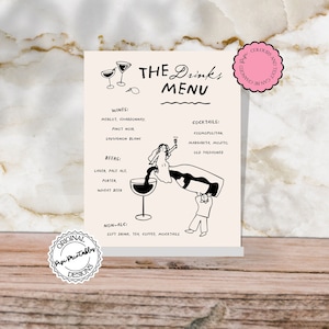 Bar ilustrado + Plantilla de menú de bebidas Ilustraciones de garabatos Gente linda Menú de bar de bodas Manuscrito Menú de cócteles dibujado a mano Señalización 9n