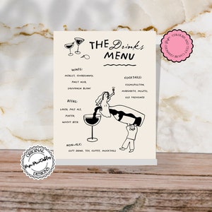 Barra dibujada a mano + Plantilla de menú de bebidas Ilustraciones de garabatos Gente linda Menú de barra de bodas Menú de cócteles escrito a mano ilustrado Señalización 9n