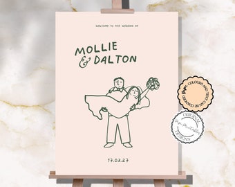 Plantilla de cartel de bienvenida de boda dibujada a mano con ilustraciones de garabatos de personas bonitas, Cartel de recepción, Decoración ilustrada de ducha de pareja retro vintage 9n