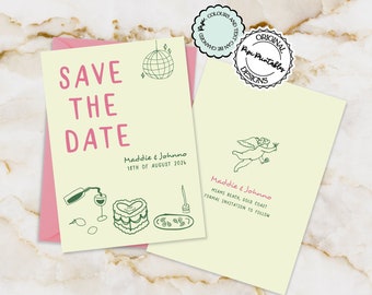 Hand Drawn Save The Date Invitation Template Colorful Scribble Illustrations Save Our Dates Fun Illustrated Save The Date Invites Unique