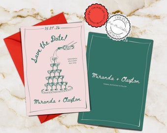 Illustrated Save The Date Invitation Template Hand Drawn Scribble Illustration Champagne Tower Save Our Date Printable Vintage Save Our Date