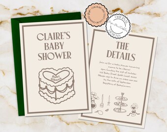 Handritad babyshowerinbjudningsmall, klotterillustration, könsneutrala babyströsselinbjudningar, vintage illustrerad babyshowerinbjudan
