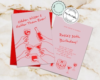Plantilla de invitación ilustrada para el 30.° cumpleaños Invitaciones para fiestas Más viejo, más sabio y más sexy que nunca Ilustraciones dibujadas a mano con garabatos Invitaciones para el 30.° cumpleaños