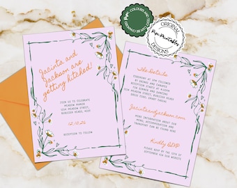 Wedding Invitation Template Scribble Illustrated Floral Hand Drawn Illustrations Wedding Suite Colorful Wildflower Handwritten Invites 3#