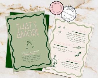 May include: A green and pink wedding invitation with the text "That's Amore" and a graphic of two champagne glasses. The invitation includes details about the ceremony, reception, and RSVP information.