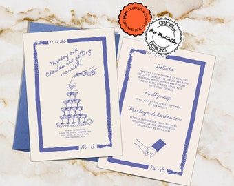 Geïllustreerde bruiloft uitnodiging sjabloon handgetekende krabbel illustraties bruiloft uitnodigingen champagne toren uitnodigen grillige bruiloft afdrukbare